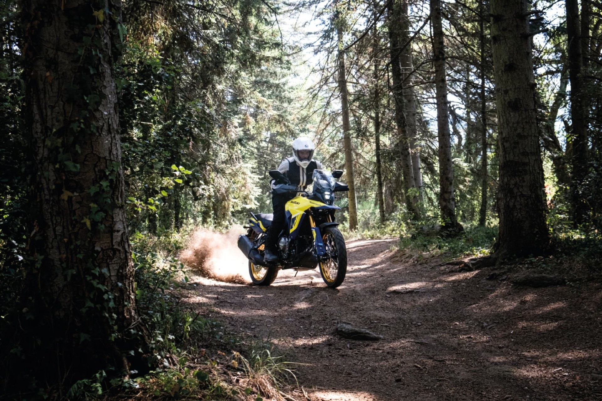 Piloto conduciendo una Suzuki V-Strom 800DE amarilla por un camino de tierra en el bosque