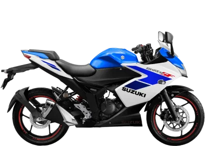 Motocicleta deportiva Suzuki Gixxer 150 FI azul y blanca sobre fondo transparente