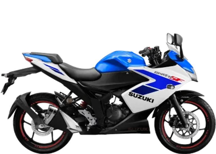 Motocicleta deportiva Suzuki Gixxer 150 FI azul y blanca sobre fondo transparente