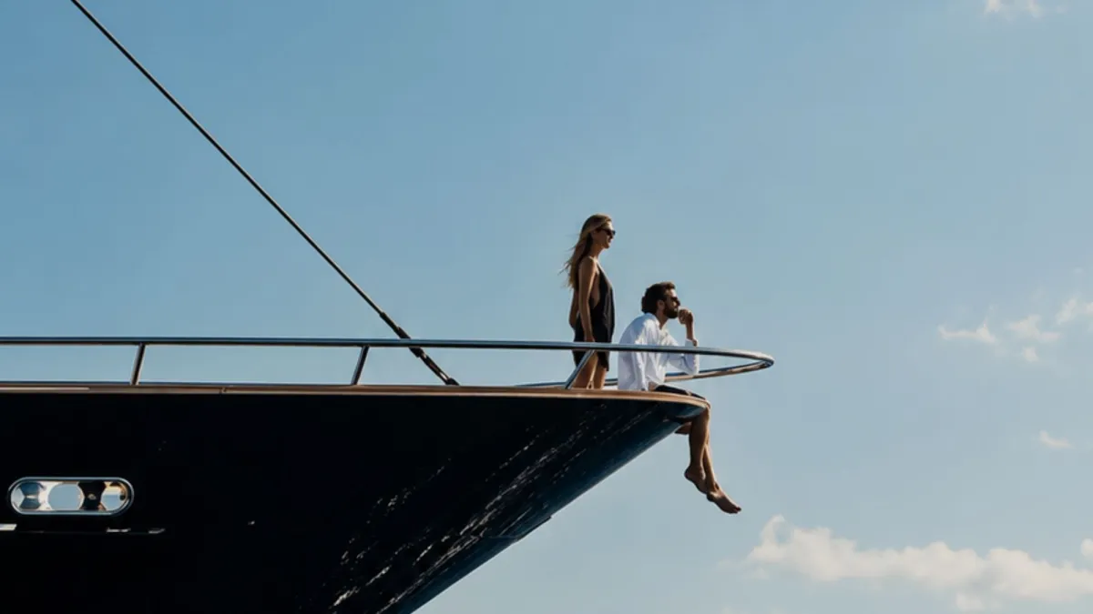 Couple enjoying the sea views from the bow of a luxury private yacht beneath a clear blue sky.
