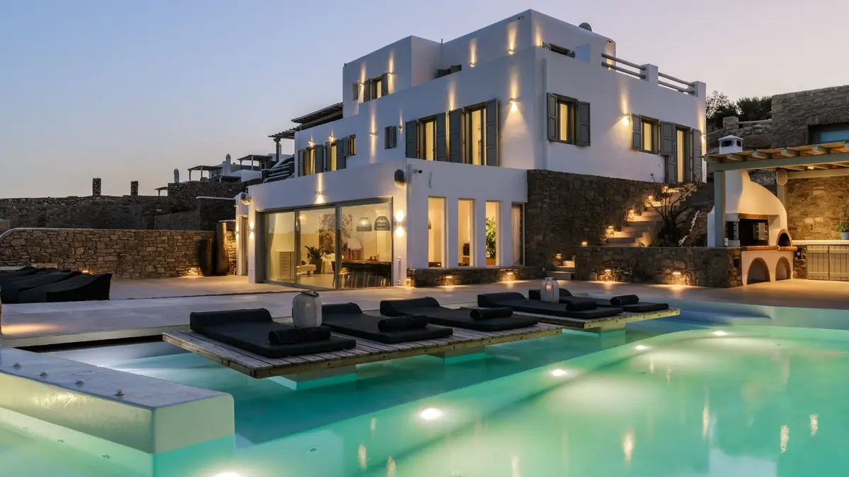 Luxury villa in Mykonos with infinity pool and sea view.