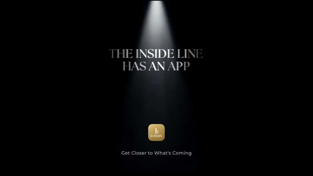 Minimal black THE LOBBY app teaser featuring a gold app icon under a spotlight, with the message “The Inside Line Has an App”.