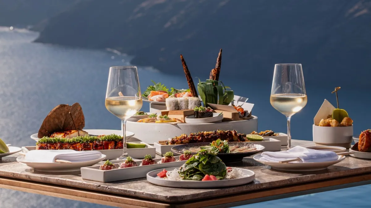 Luxury outdoor dining table in Mykonos with sushi, grilled dishes and white wine overlooking the Aegean Sea.