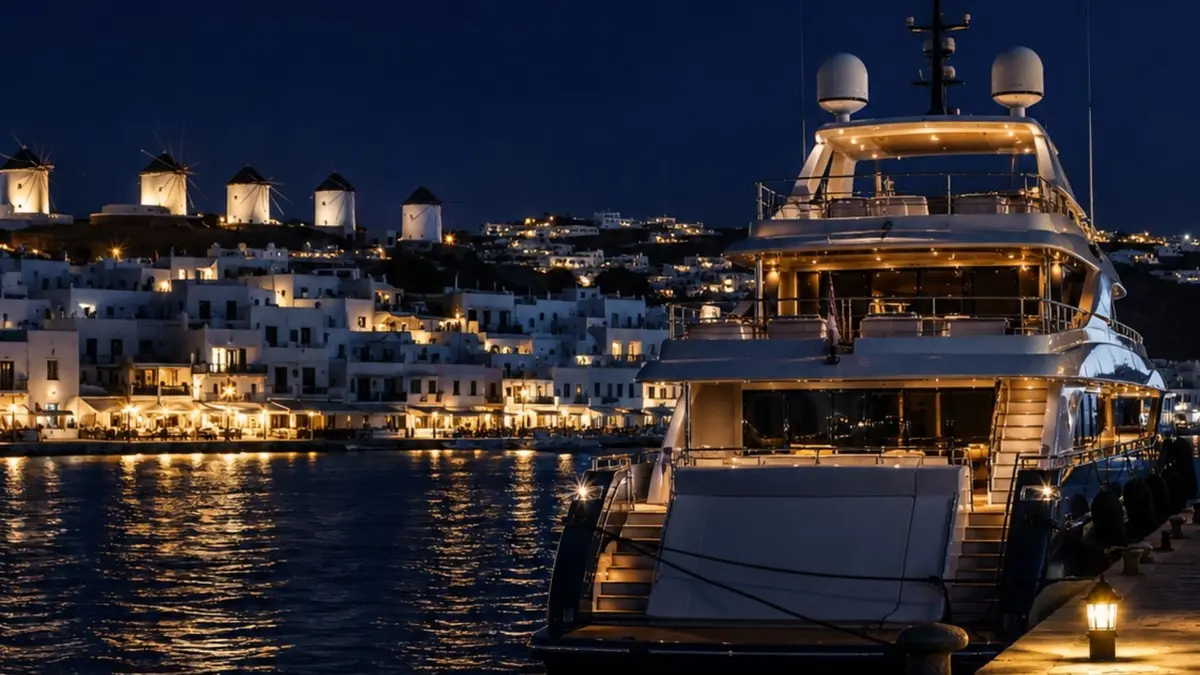 Luxury yacht in Mykonos Harbor at night.
