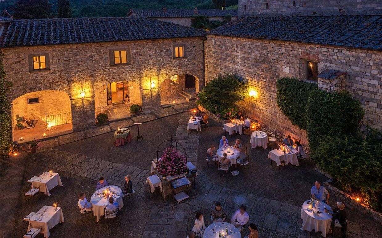 The vaulted dining room of Il Pievano restaurant within Castello di Spaltenna, Gaiole in Chianti