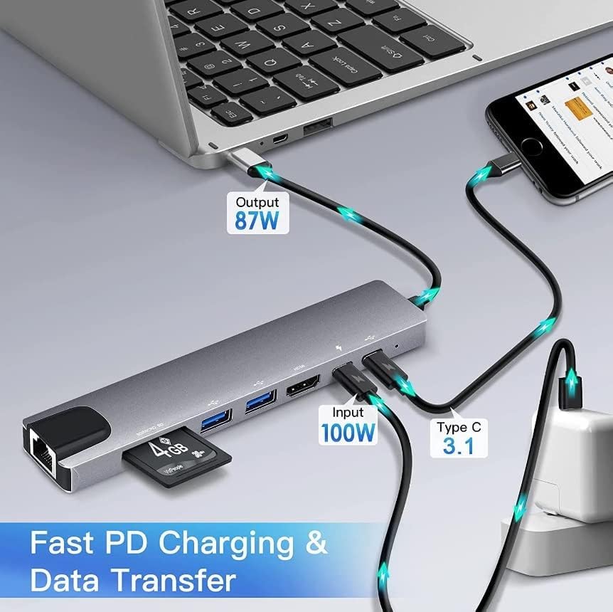 Type C to HDTV 8 in 1 Adapter HDMI PD 2 USB SD TF Rj45 5
