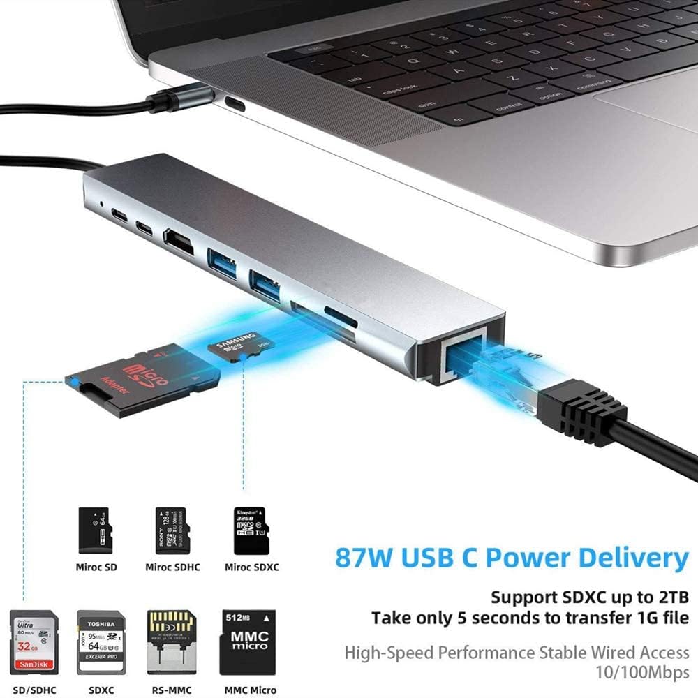 Type C to HDTV 8 in 1 Adapter HDMI PD 2 USB SD TF Rj45 2