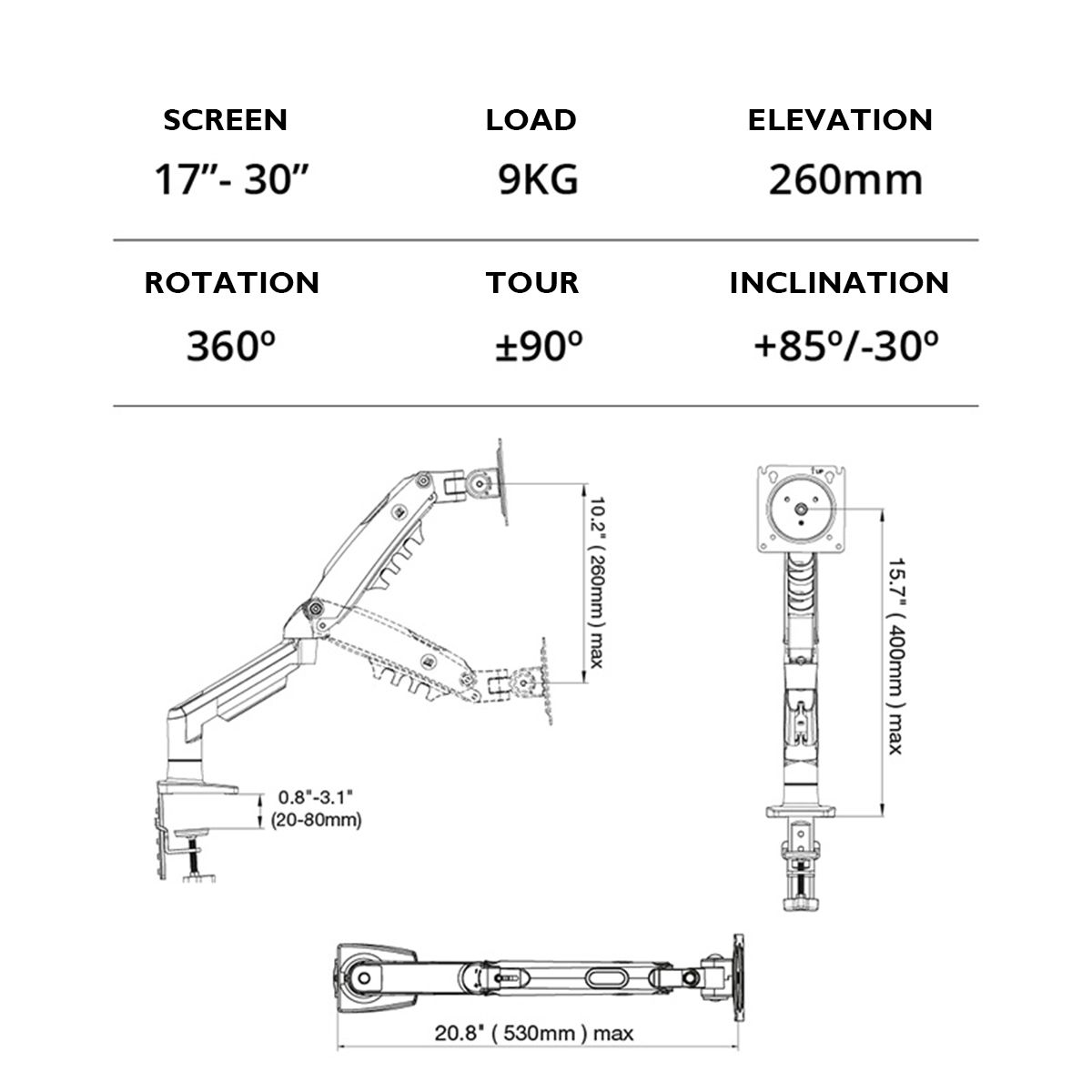 North Bayou (NB) F80 Gas Spring Monitor Desk Mount 10