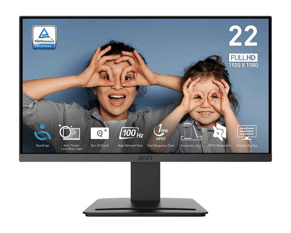 MSI PRO MP223 E2, 22-inch VA 1920 x 1080 (FHD) Computer Monitor, 100Hz, Adaptive-Sync, HDMI, Video Port, Display Port, VESA Mountable, Tilt, 1ms