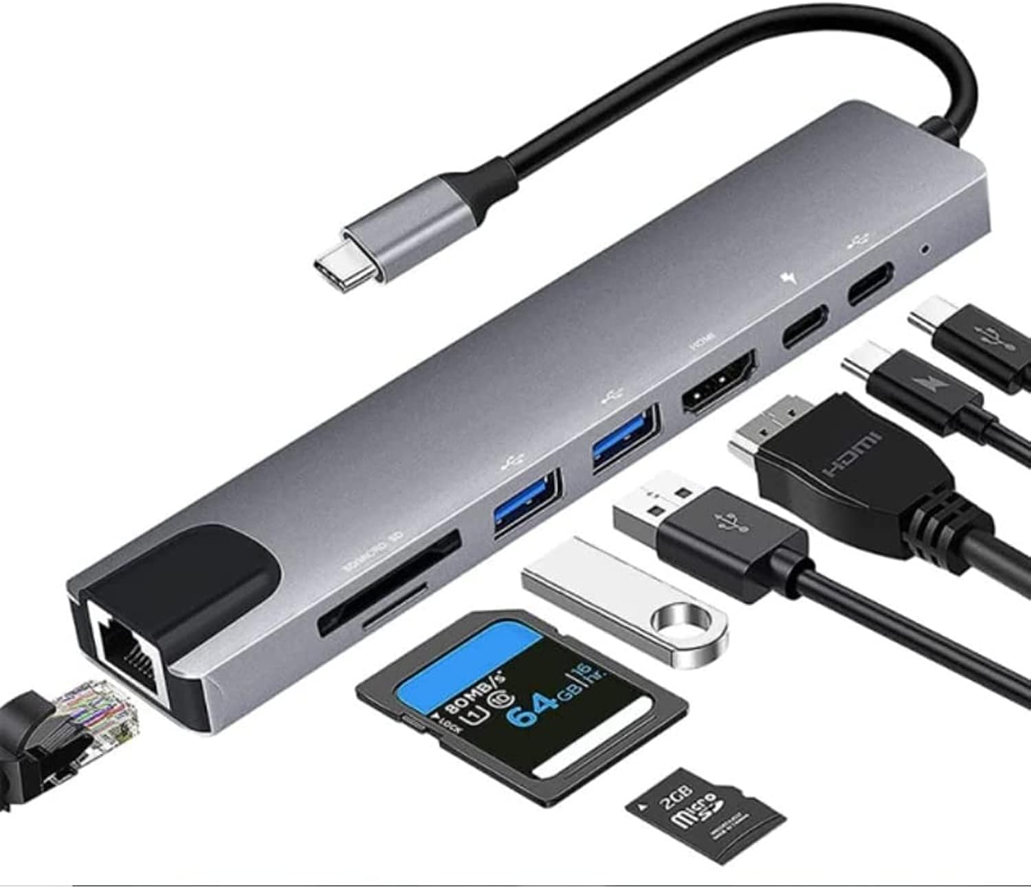 Type C to HDTV 8 in 1 Adapter HDMI PD 2 USB SD TF Rj45