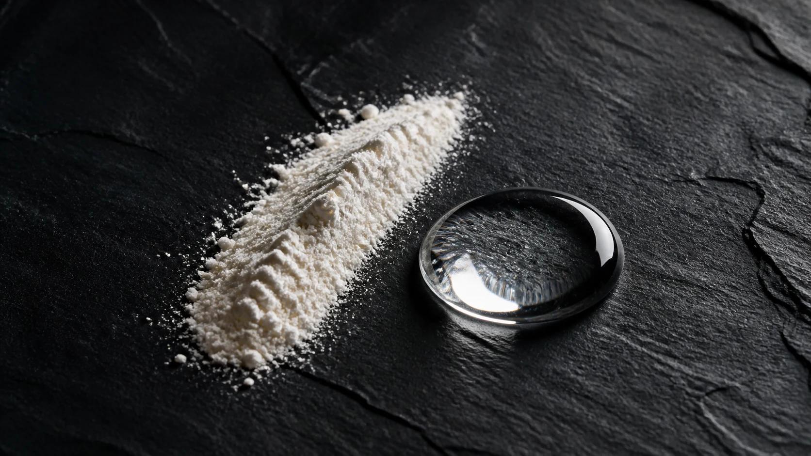 Ivory niacinamide powder and a clear serum droplet on dark slate