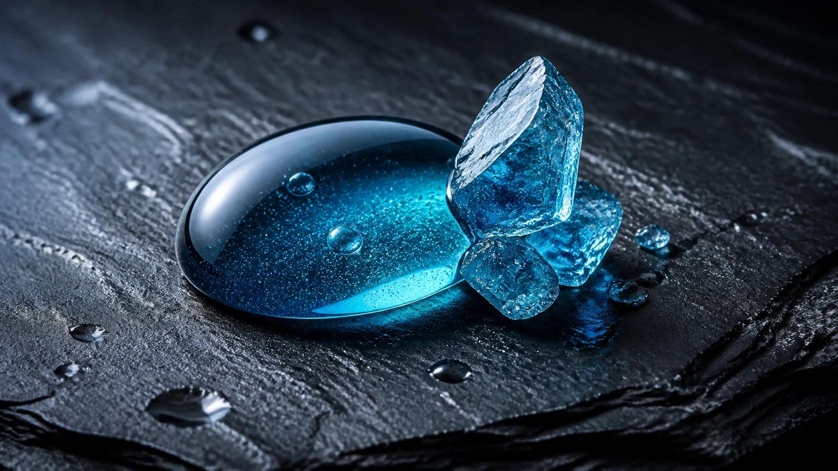 Electric-blue copper peptide serum and crystalline facets on dark slate