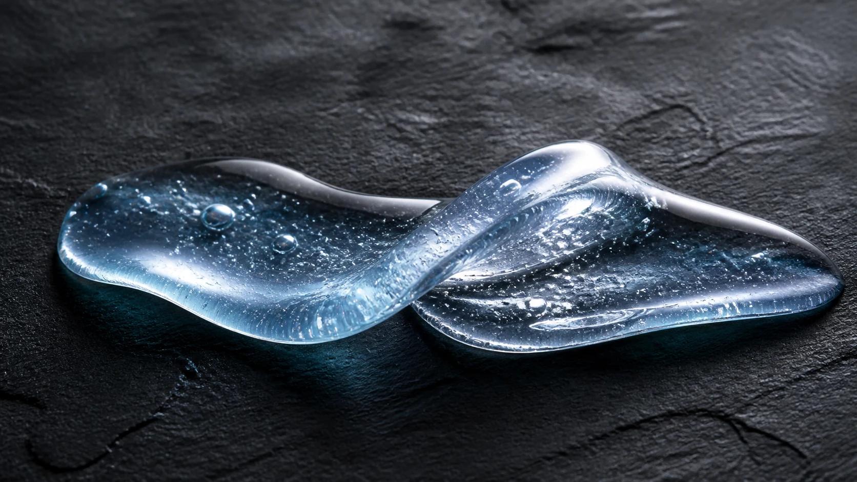Translucent panthenol gel ribbon on dark slate