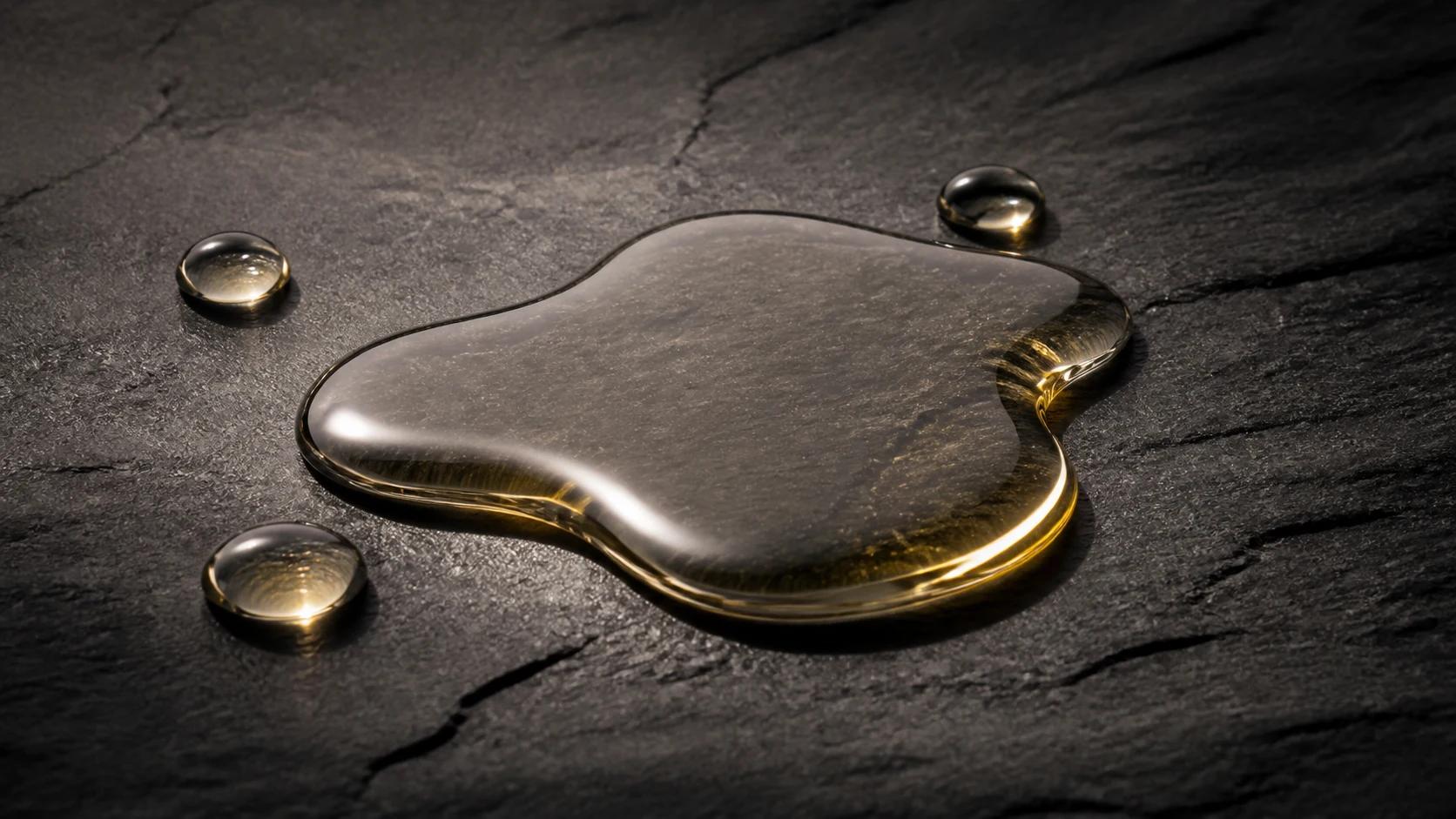 Clear squalane oil droplets with warm highlights on dark slate