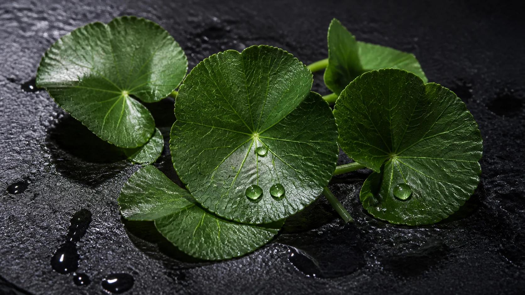 Centella asiatica leaves with water droplets on dark slate