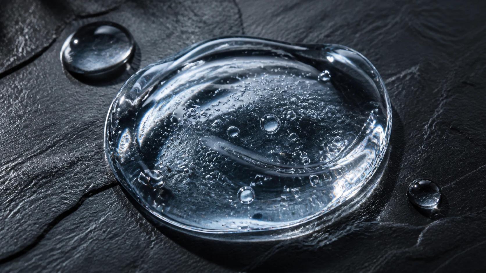 Clear hyaluronic acid gel with suspended bubbles on dark slate