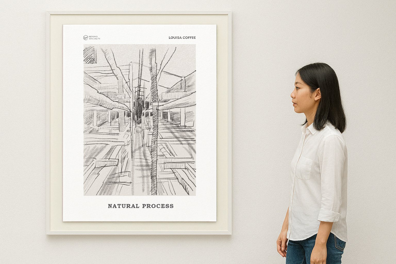路易莎咖啡日曬處理法掛畫的白牆裝框展示情境示意,旁有站立人物。
