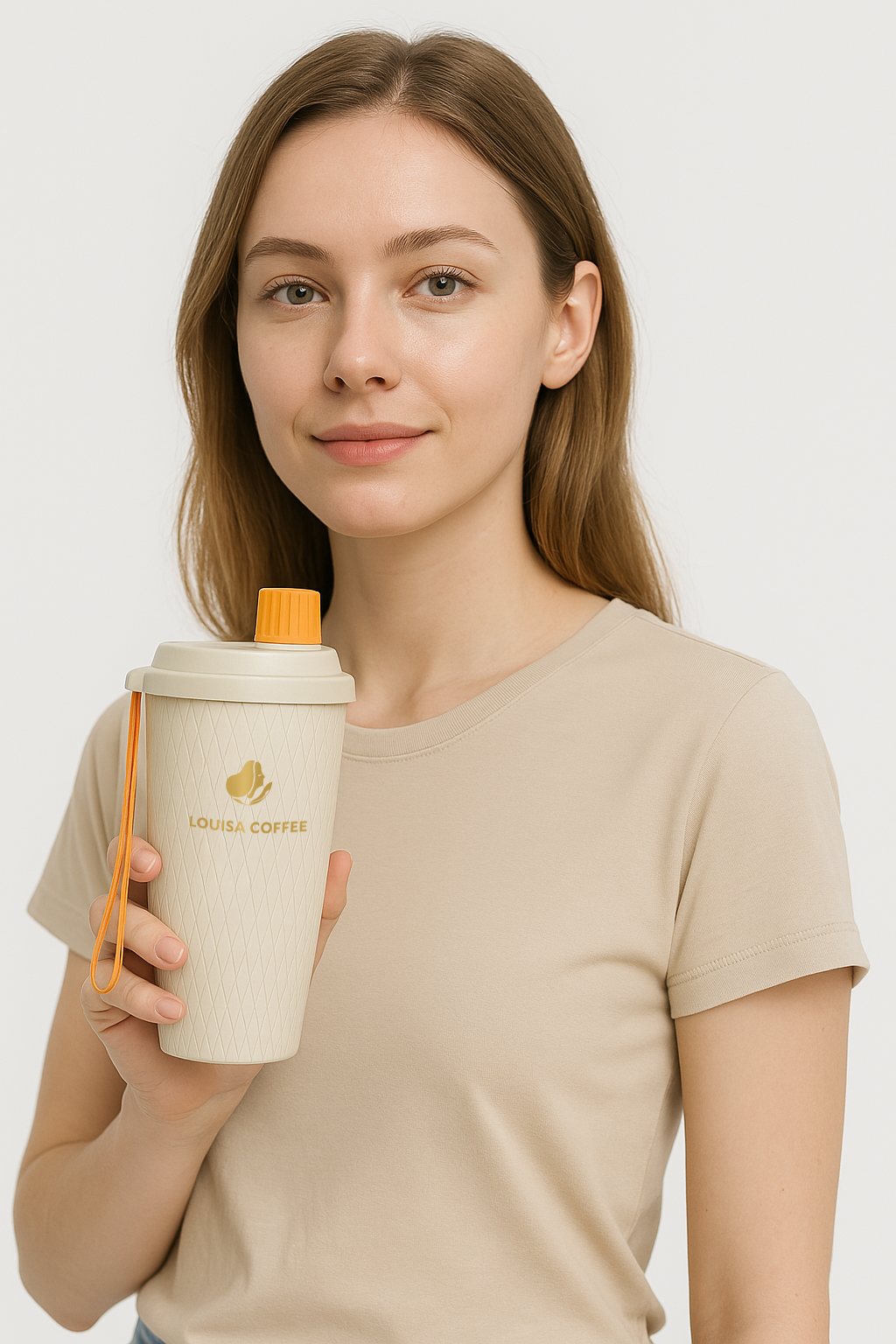 模特手持路易莎咖啡暖白橘色隨行杯,呈現生活化使用情境 Model holding Louisa Coffee creamy-orange to-go cup in a casual lifestyle setting