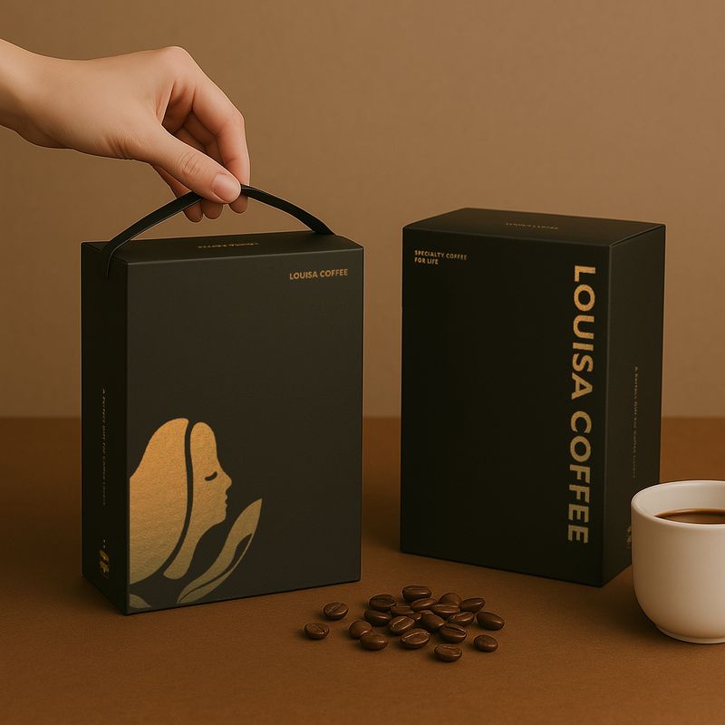 路易莎咖啡黑金禮盒包裝設計，呈現品牌質感與典雅氛圍。｜Louisa Coffee black and gold gift box packaging design showcasing brand elegance and refined aesthetics.