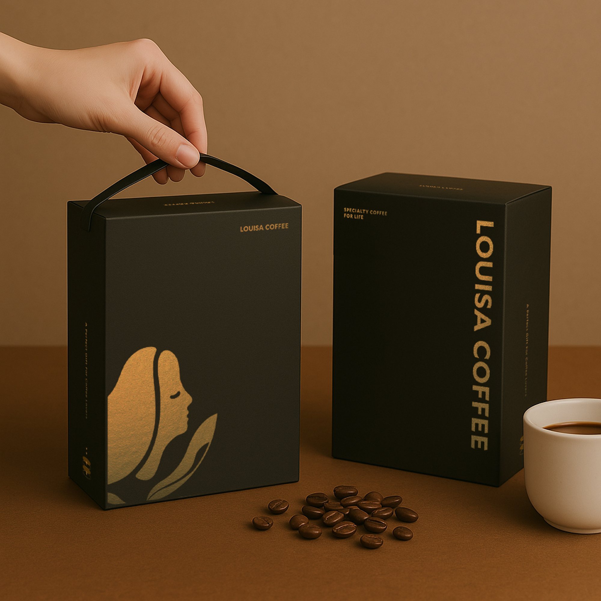 路易莎咖啡黑金禮盒包裝設計，呈現品牌質感與典雅氛圍。｜Louisa Coffee black and gold gift box packaging design showcasing brand elegance and refined aesthetics.