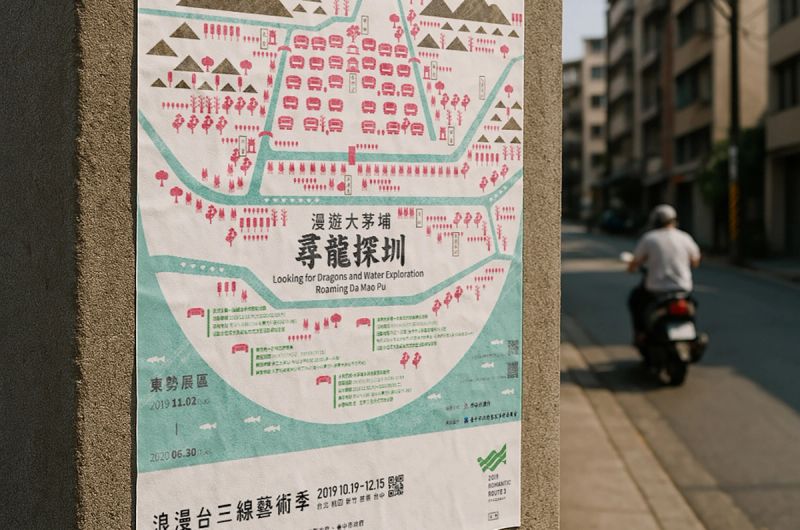 牆面上的《尋龍探圳》導覽海報,呈現地方文化與探索路線。/ “Searching for the Dragon in the Irrigation System” poster mounted on a wall, visualizing local culture and exploration routes.
