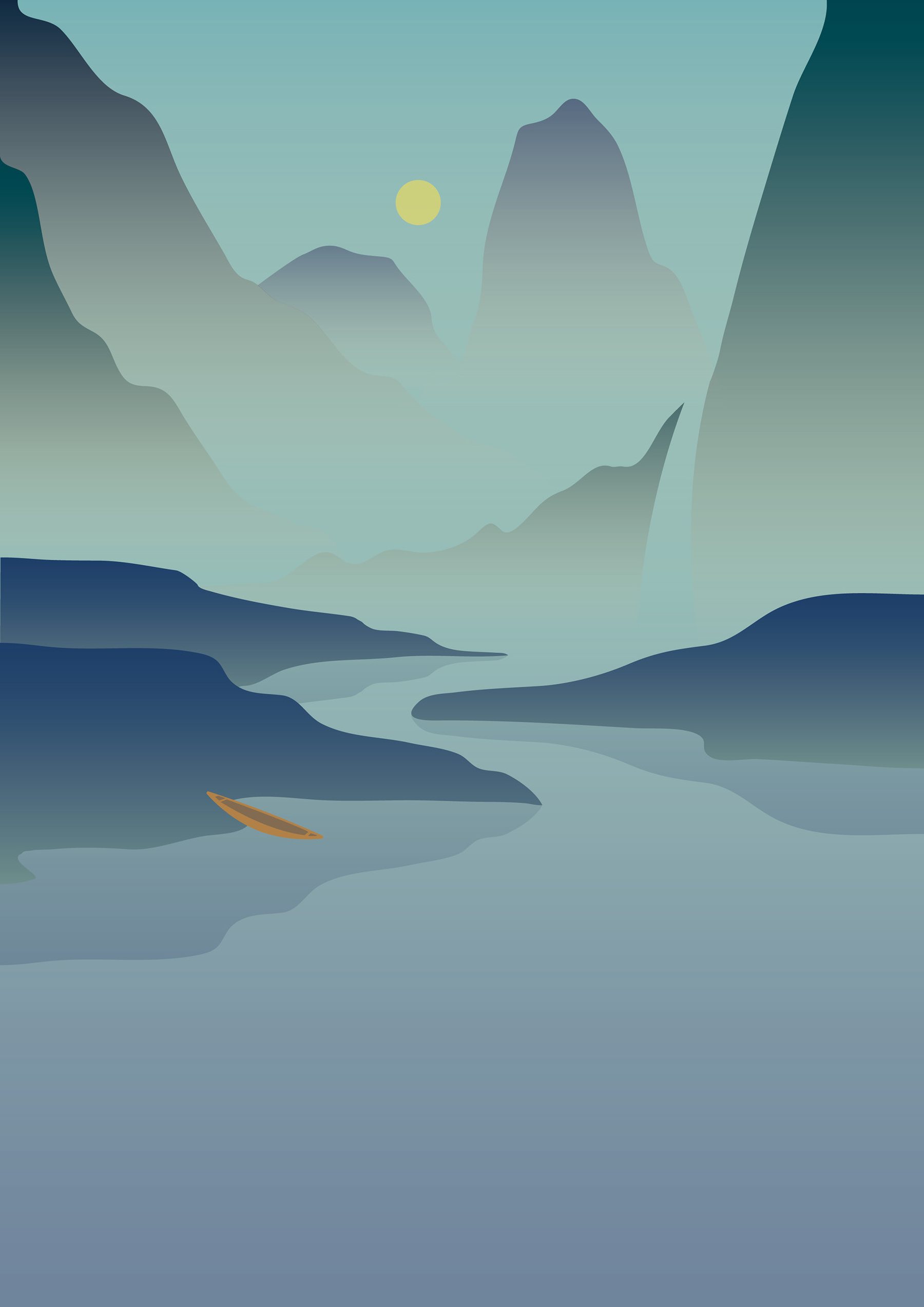 山海地景與獨木舟路徑插畫