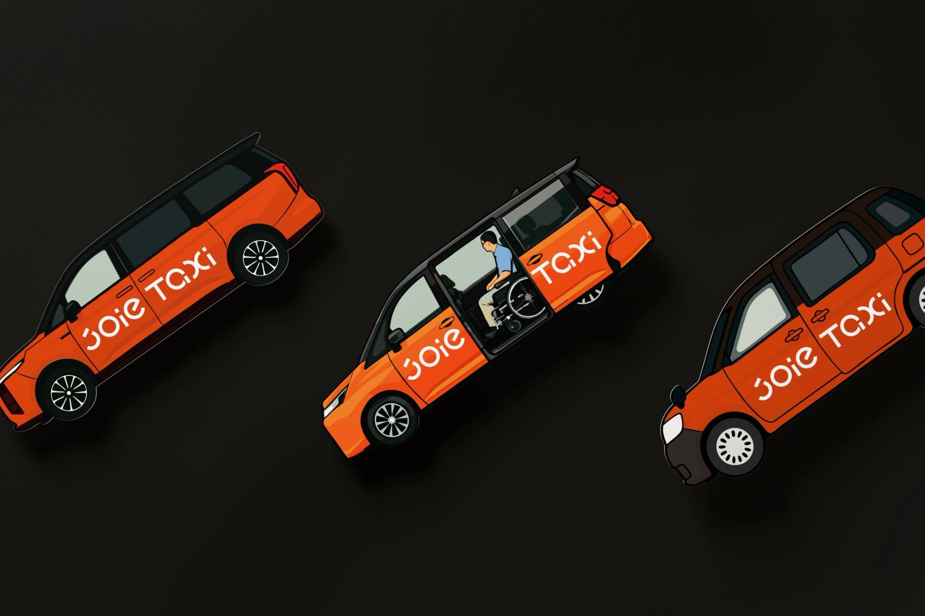 三款車型名片正面散置於深色背景 / The three vehicle card fronts arranged on a dark background.