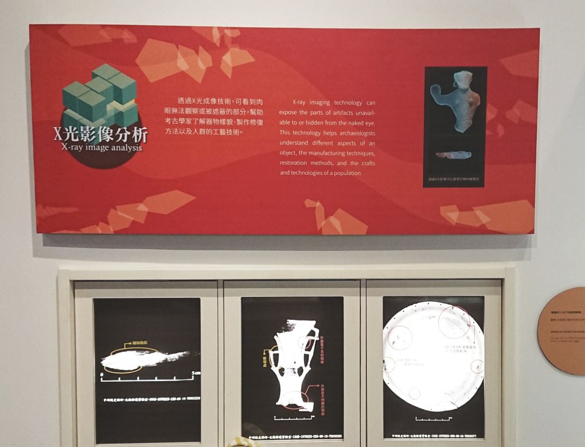 十三行博物館常設展 X 光影像分析展板與器物展示的實景照片