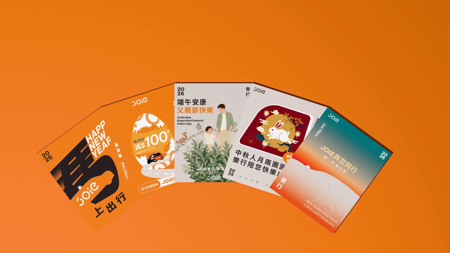 JOIE 新年、復活節、端午、中秋與品牌祝福貼文扇形展開。
