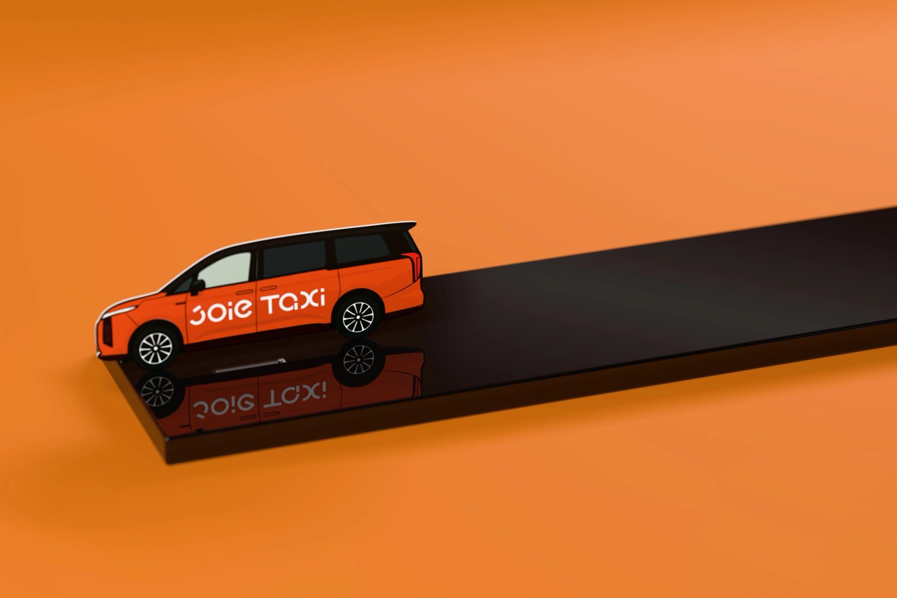 多功能六座位的士名片立於黑色壓克力上，倒映車身 / The six-seater card standing on black acrylic with its reflection.