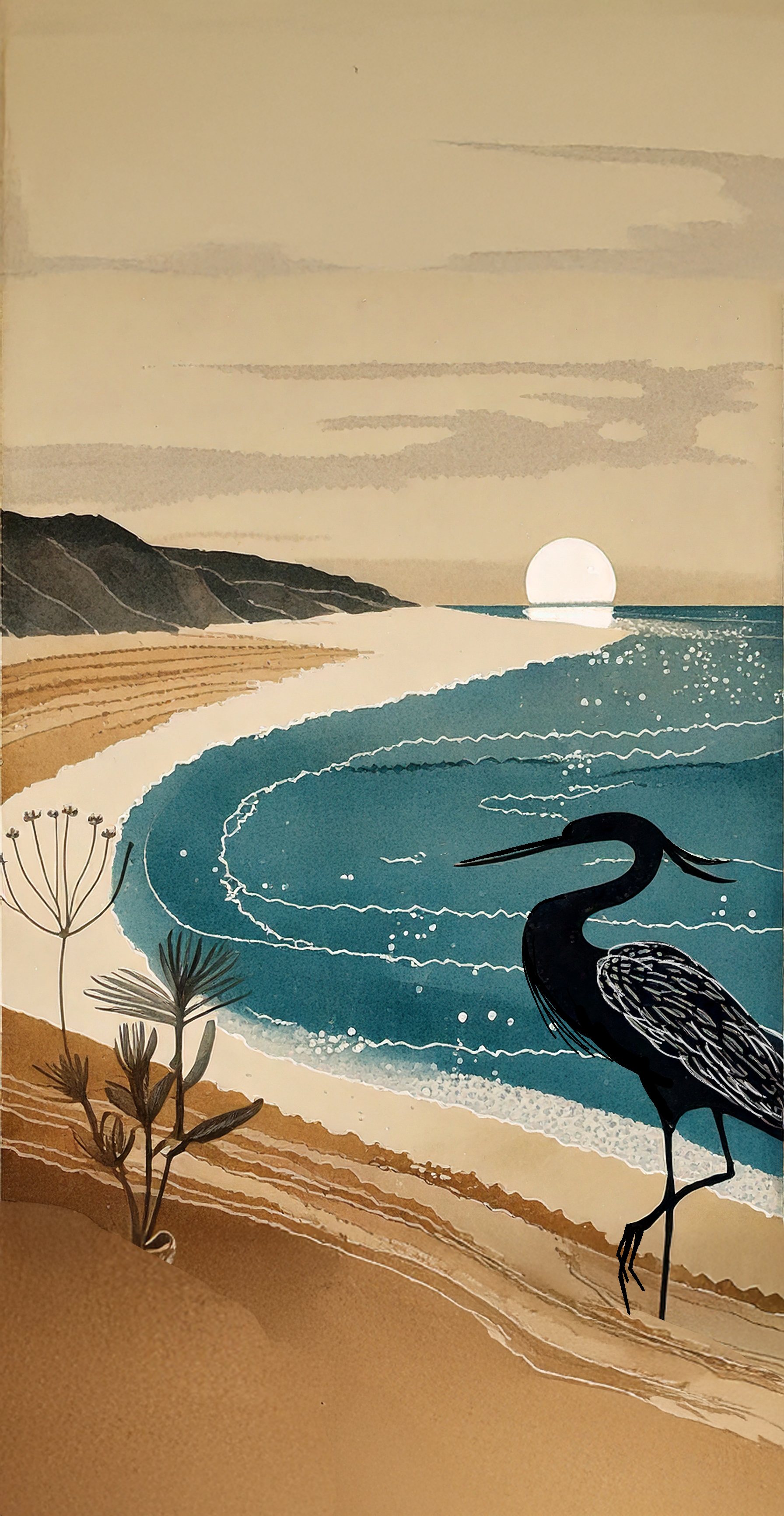 伸港濕地意象插畫,描繪潮間帶地景與白鷺鷥象徵在地生態 Shengang wetland illustration featuring tidal landscape and a local egret.