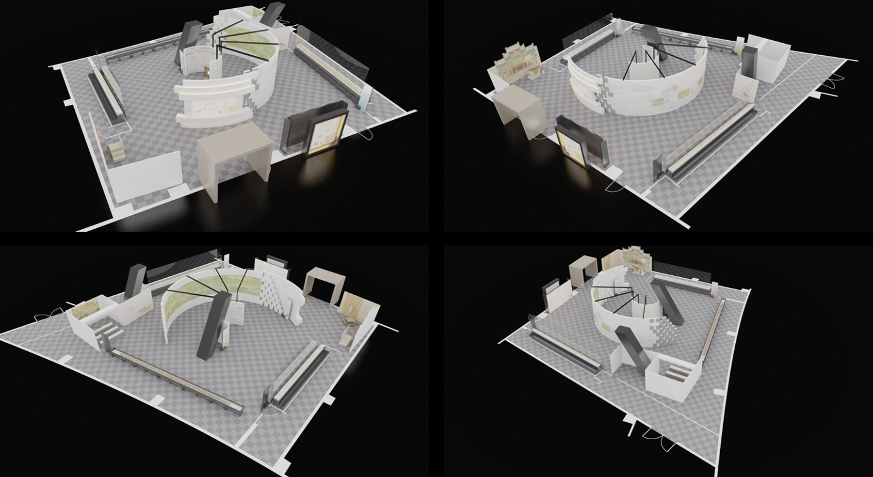 展場配置 3D 模型的四個視角。/ Four views of the exhibition layout 3D model.