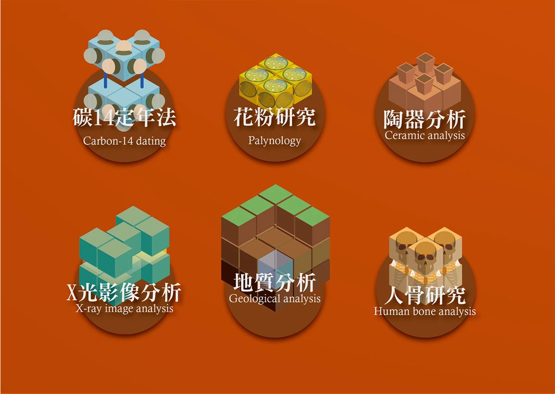 碳十四、花粉、陶器、X 光、地質與人骨研究的六款分析圖標