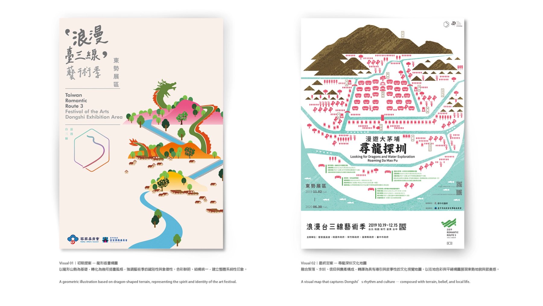 《尋龍探圳》海報提案與最終版本比較。/ Proposal vs. final poster for “Searching for the Dragon in the Irrigation System”.
