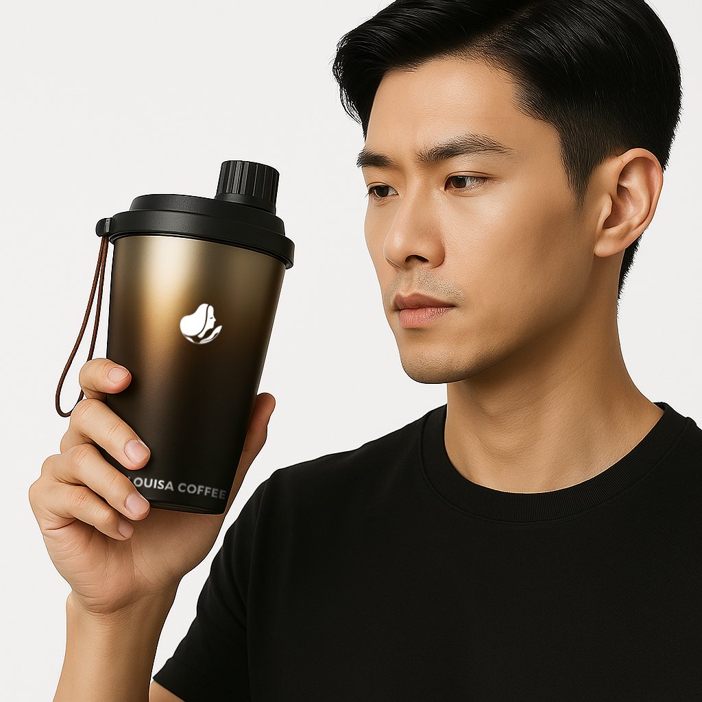 男性模特手持路易莎咖啡黑金隨行杯,展示高質感外觀 Male model holding Louisa Coffee black-gold to-go cup in a premium lifestyle scene