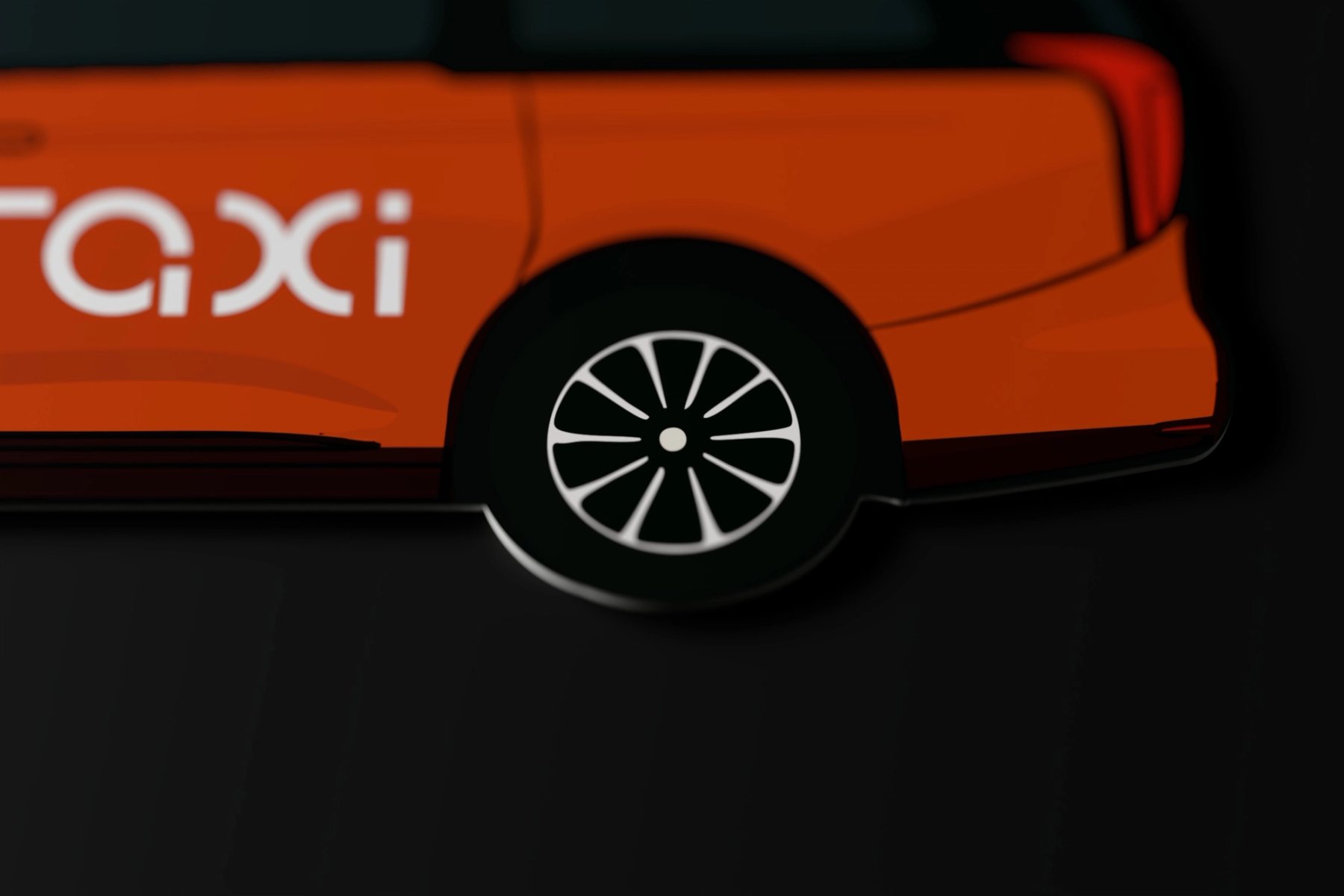 六座位的士名片後輪與底盤刀模微距 / Macro of the die-cut rear wheel and chassis of the six-seater card.