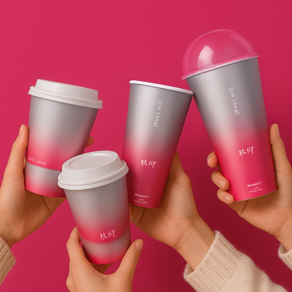 三隻手各拿著粉灰漸層外帶杯,展示不同杯型與視覺設計 Three hands holding gray-pink gradient to-go cups, showing different cup shapes and graphics.