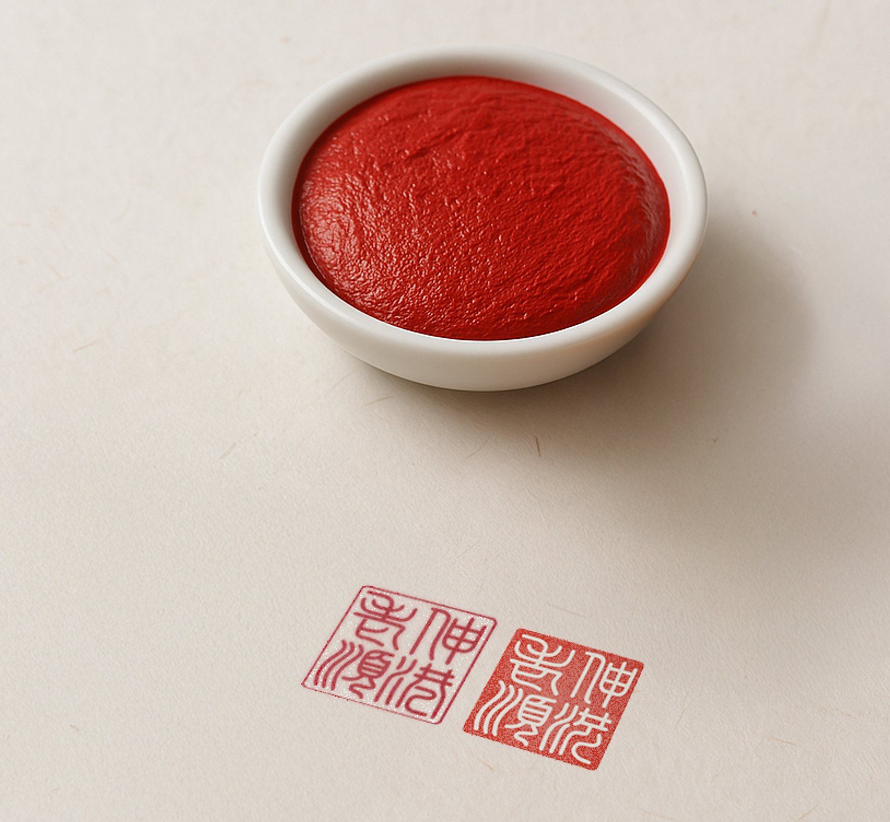 盛有朱紅印泥的小碟與蓋在桌面的品牌印章，象徵老順醬油的真實與信譽 A small dish of red seal paste with stamped brand seals, symbolizing authenticity and trust of Old Shun Soy Sauce.