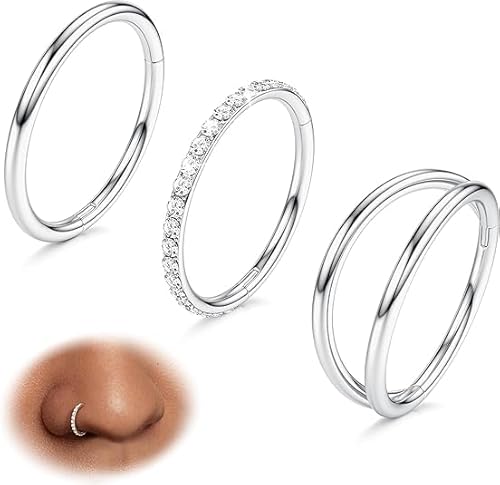 BodyBonita 3 Pezzi Piercing Naso Cerchio - Acciaio Chirurgico 316L 18G CZ Nostril Piercing Septum Daith Trago Helix Orecchino Cartilagine Elice Setto Rook Conch Piercing Naso Anello Argento 8mm — recensione