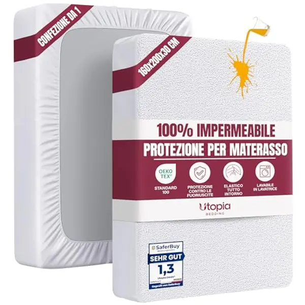 Utopia Bedding Coprimaterasso Matrimoniale Impermeabile 160 x 200 x 30 cm, Certificato OEKO-TEX, Proteggi Materasso, Traspirante, Lavabile, Stile Montato Tutto Intorno Elastico — recensione