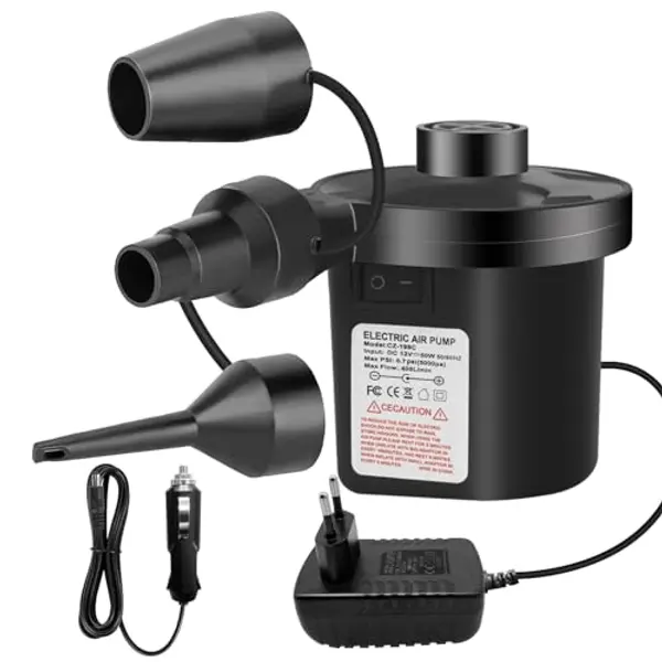 Pompa ad aria elettrica, pompa portatile a riempimento rapido per letto ad aria, 240V AC / 12V DC, 3 ugelli, pompa di gonfiaggio e sgonfiaggio, perfetta per il campeggio all'aperto,materasso ad aria — recensione