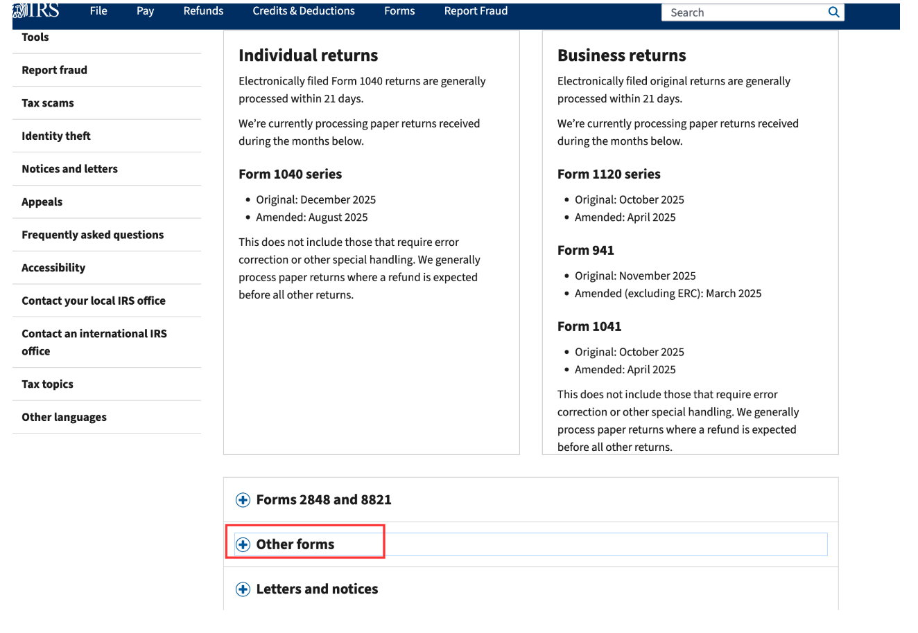 IRS processing status page