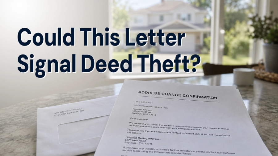 An unexpected mortgage address-change notice beside a house illustrates how an ordinary piece of mail can raise questions about unauthorized property activity.