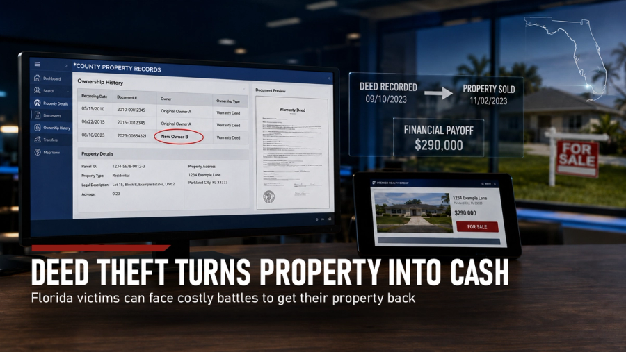 Florida deed fraud investigation showing how forged property records can lead to unauthorized sales and costly ownership restoration battles.