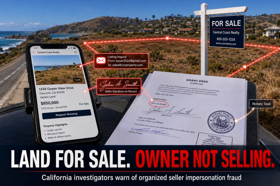 A vacant California property with a for-sale listing illustrates how seller impersonators can use forged signatures and fraudulent notary documents to attempt an unauthorized sale.