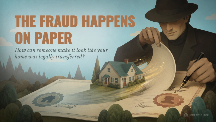 How home title fraud and deed fraud can use public property records and fraudulent documents to create the appearance of a property ownership transfer.