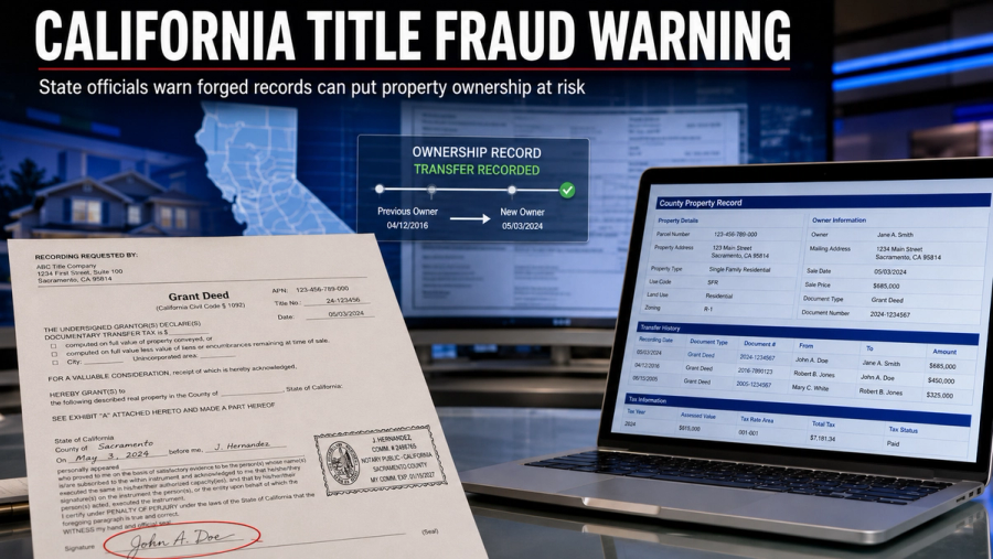 California property records and a forged deed illustrate how identity theft can be used to create false ownership claims against a homeowner’s property.