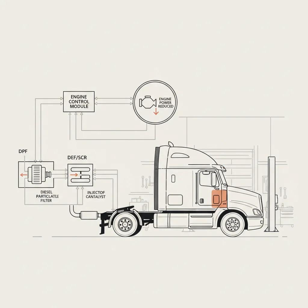 916 Truck Repair schematic illustration — Engine Derate and Limp Mode on Diesel Trucks: Causes and What to Do