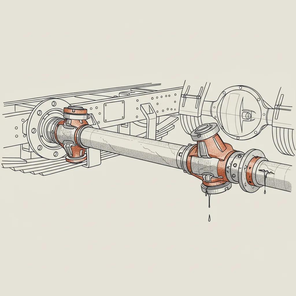 916 Truck Repair schematic illustration — Driveshaft and U-Joint Failure Signs on Semi Trucks