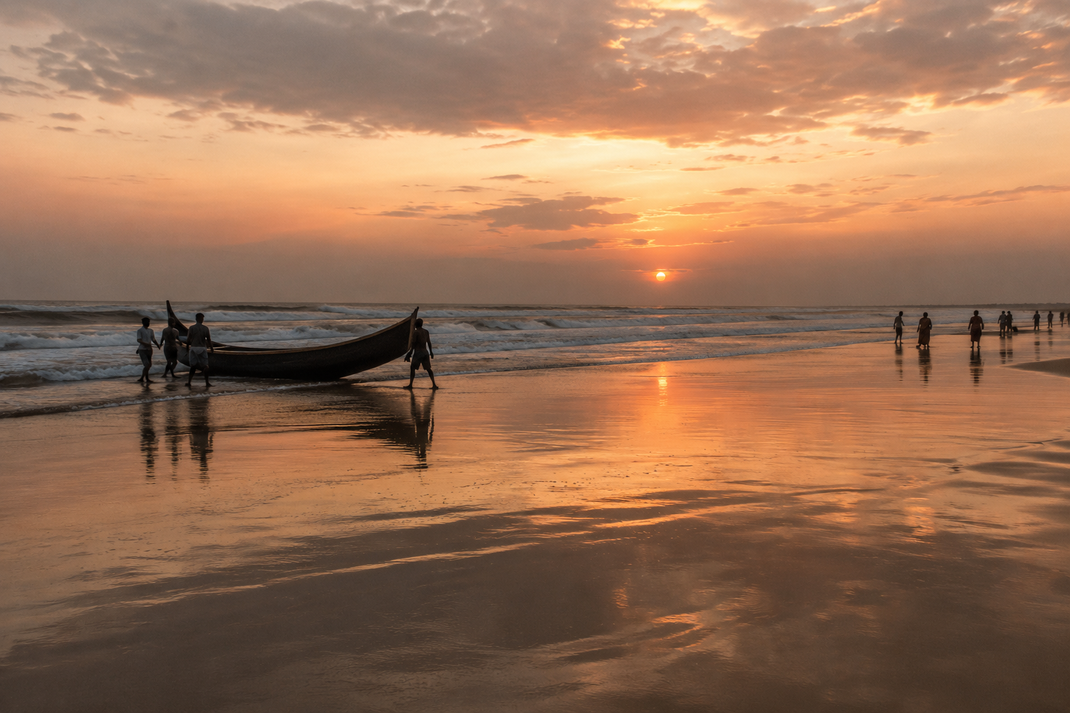 Puri beach at dusk, the tide returning over wet sand that mirrors a fading sky